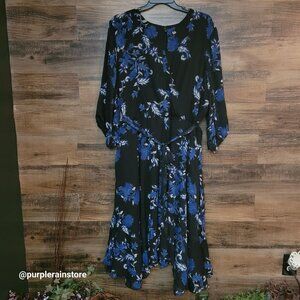 Lane Bryant Chiffon Floral Midi Dress Sz 28 Ruffle Hem Tie Sash Sheer Sleeves